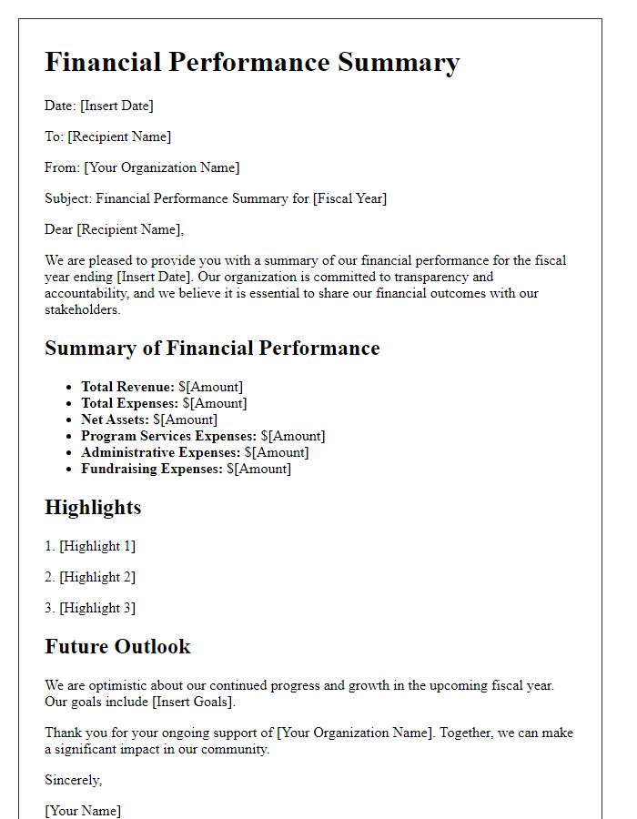 Letter template of nonprofit financial performance summary