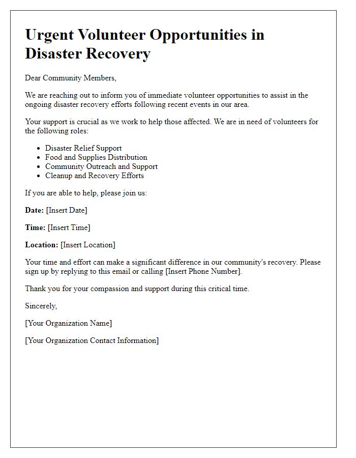 Letter template of announcement for urgent volunteer opportunities in disaster recovery.