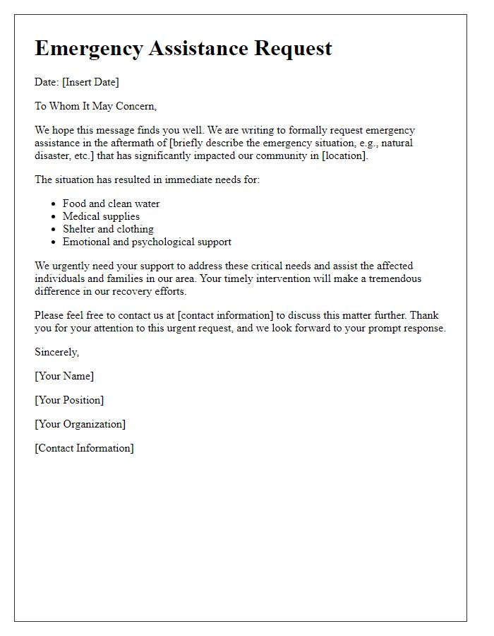 Letter template of communication for emergency assistance needs in affected areas.