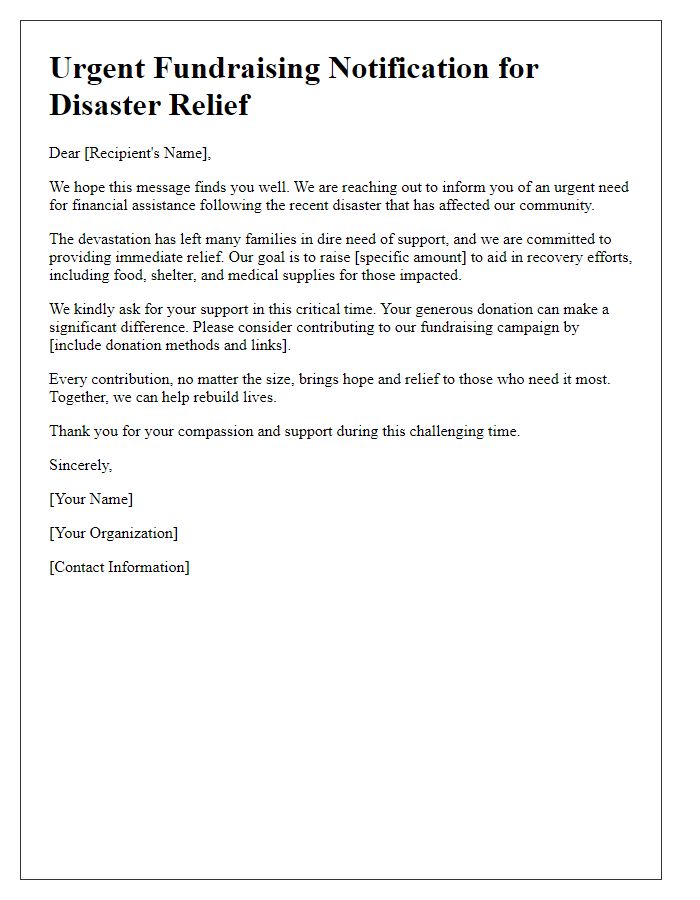 Letter template of notification for urgent fundraising for disaster relief efforts.