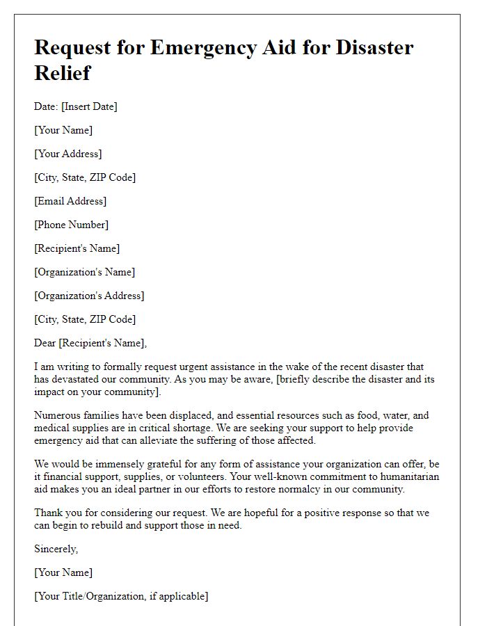 Letter template of request for emergency aid for disaster relief.