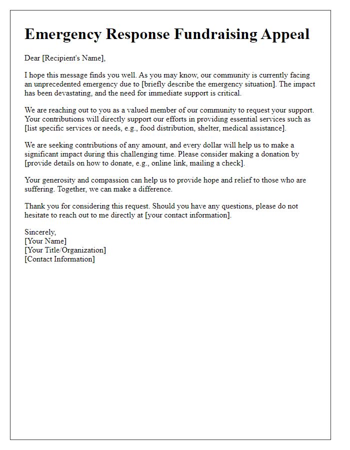 Letter template of solicitation for charitable contributions for emergency response.