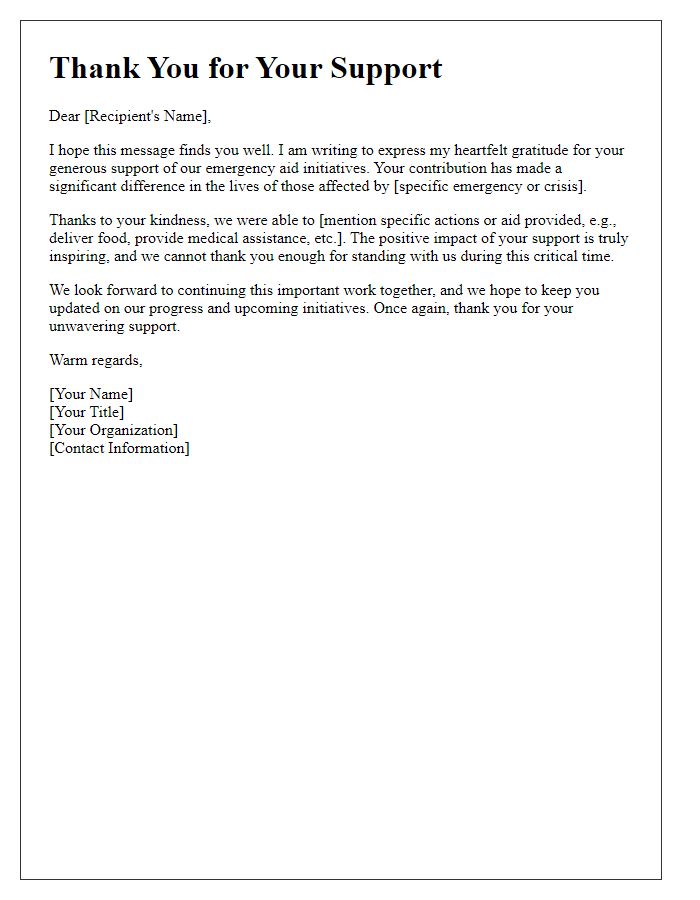 Letter template of thank you for support in emergency aid initiatives.