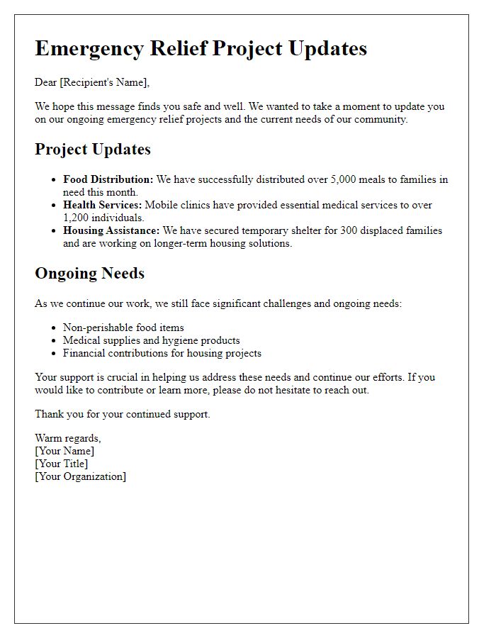 Letter template of updates on emergency relief projects and ongoing needs.