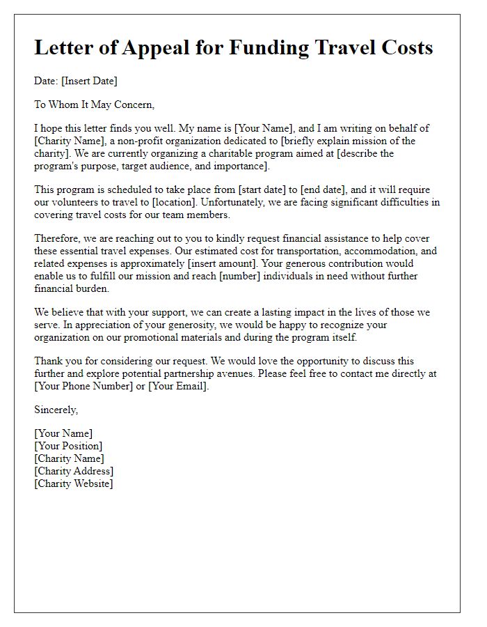 Letter template of appeal for funding travel costs for charity program.