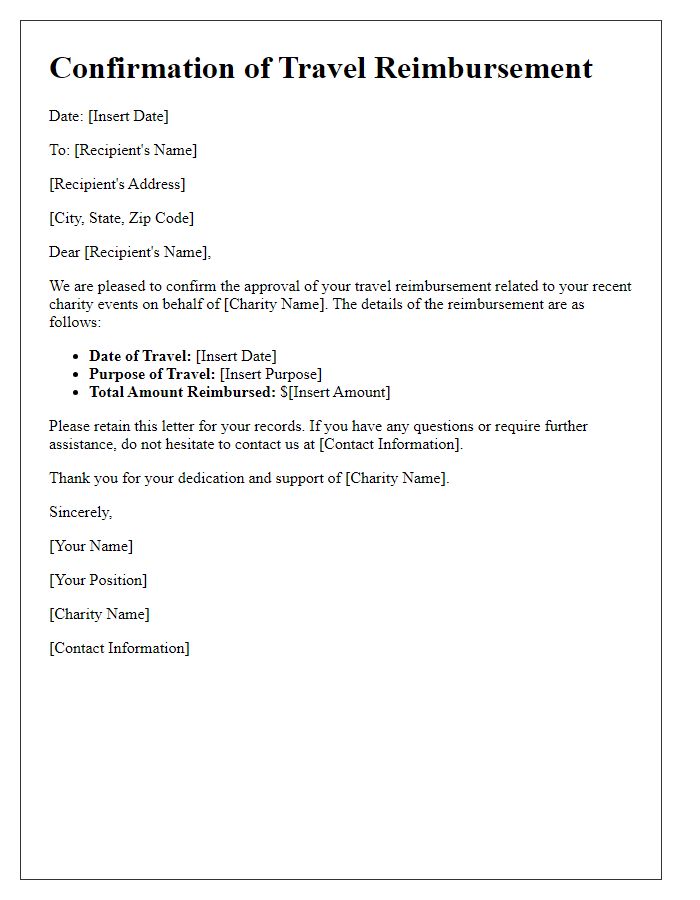 Letter template of confirmation for charity-related travel reimbursements.