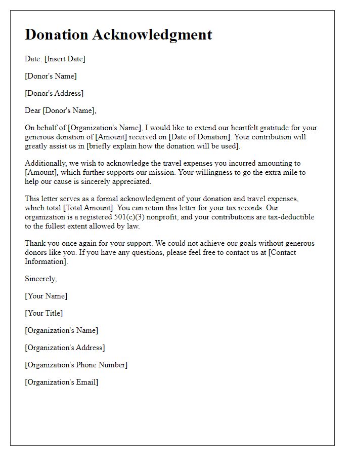 Letter template of donation acknowledgment including travel expenses.