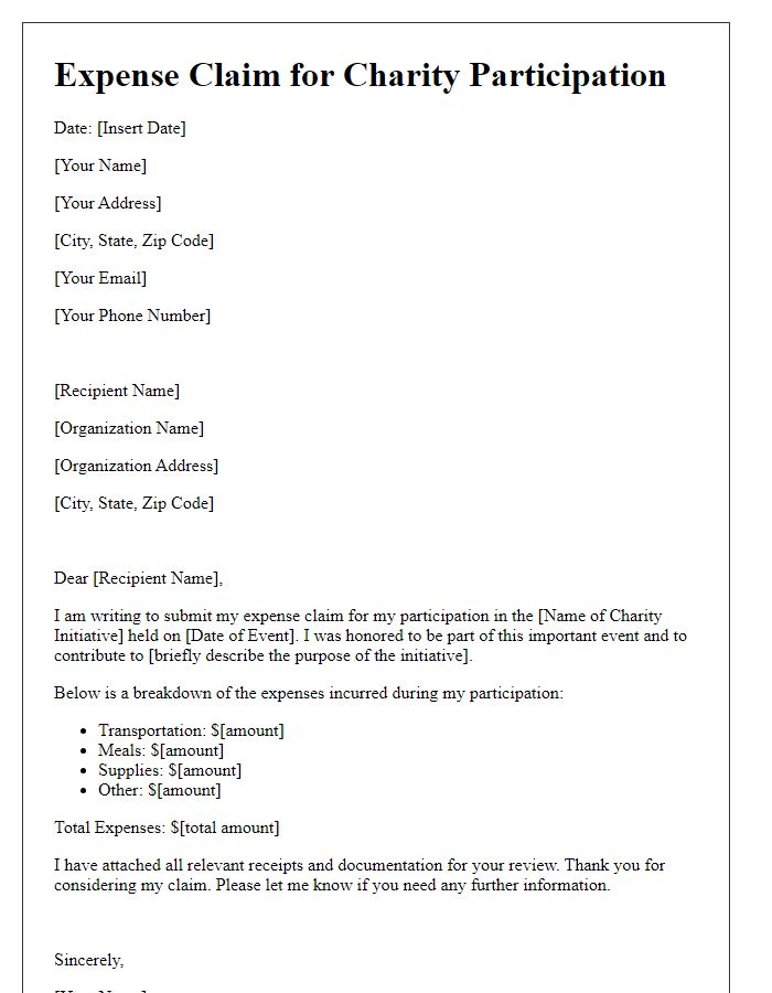 Letter template of expense claim for participation in charity initiatives.