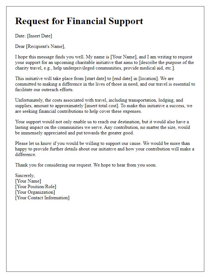 Letter template of request for financial support for charity travel needs.