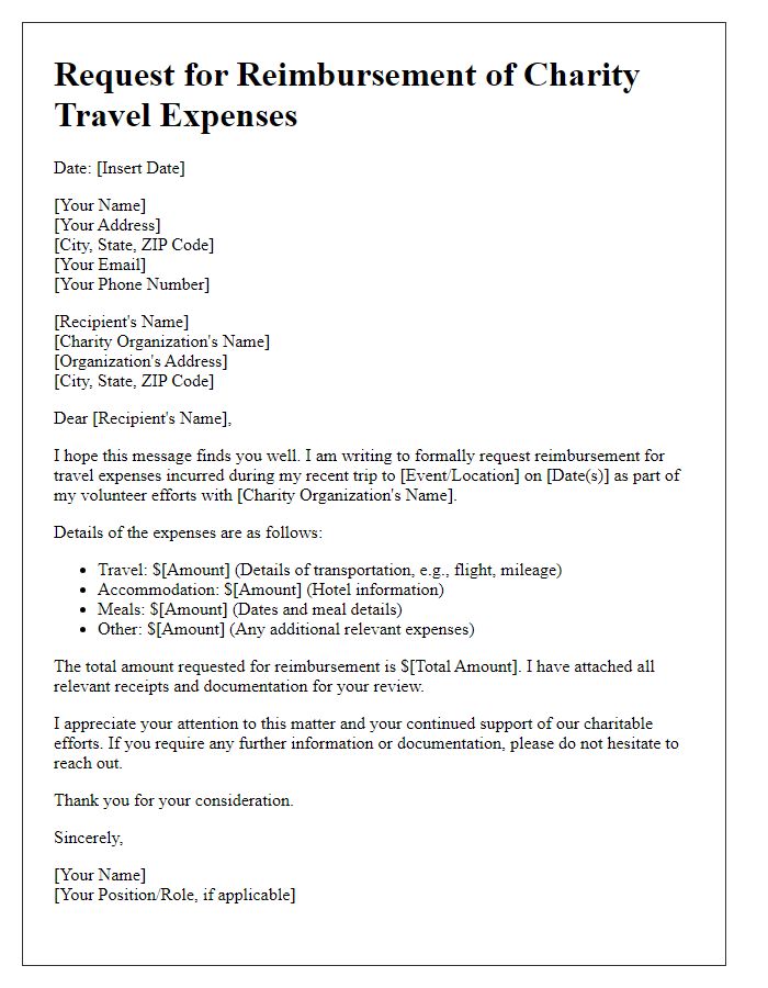 Letter template of request for reimbursement of charity travel expenses.