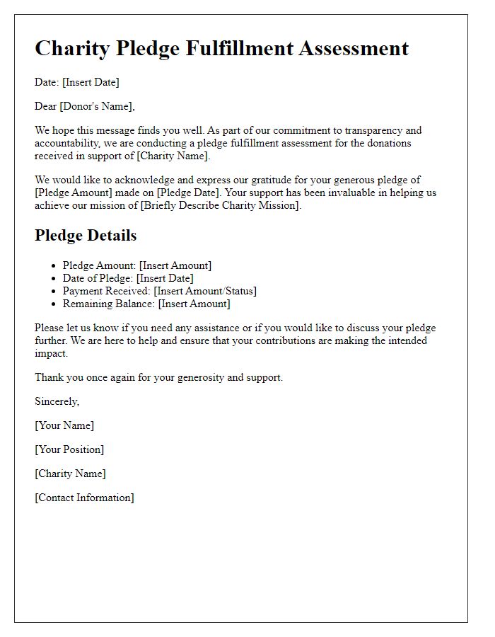 Letter template of charity pledge fulfillment assessment