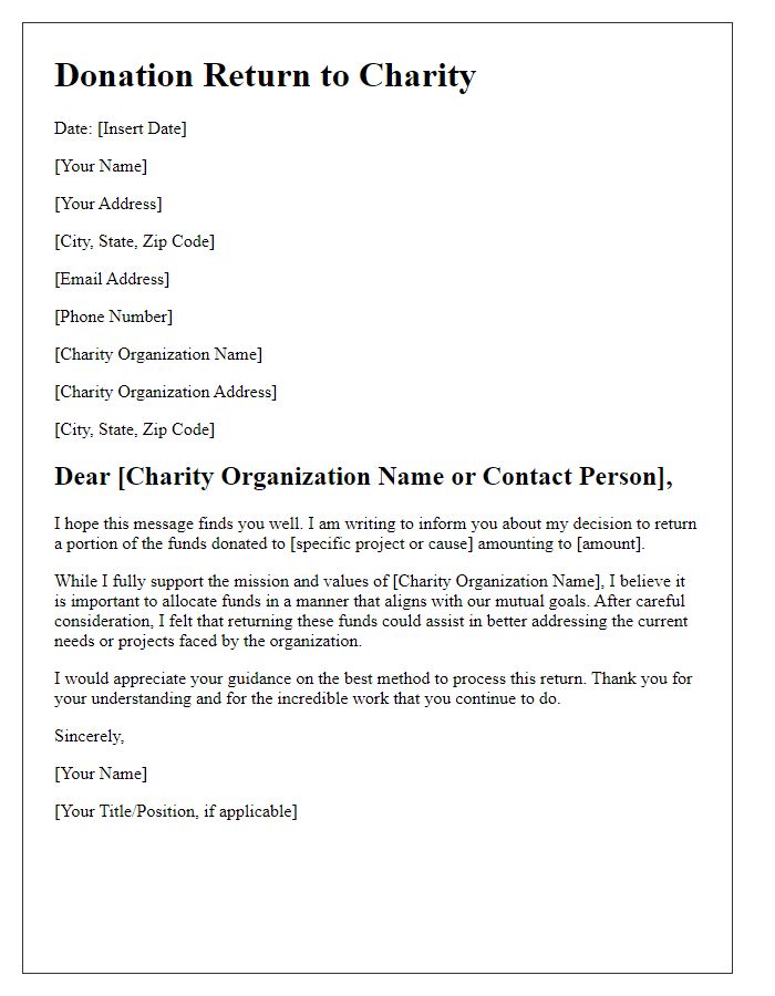 Letter template of donating back charity funds