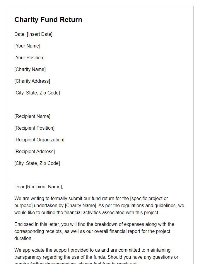 Letter template of formal charity fund return