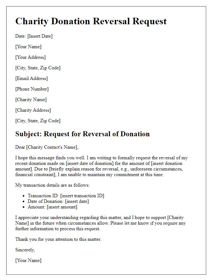 Letter template of reversing charity donations