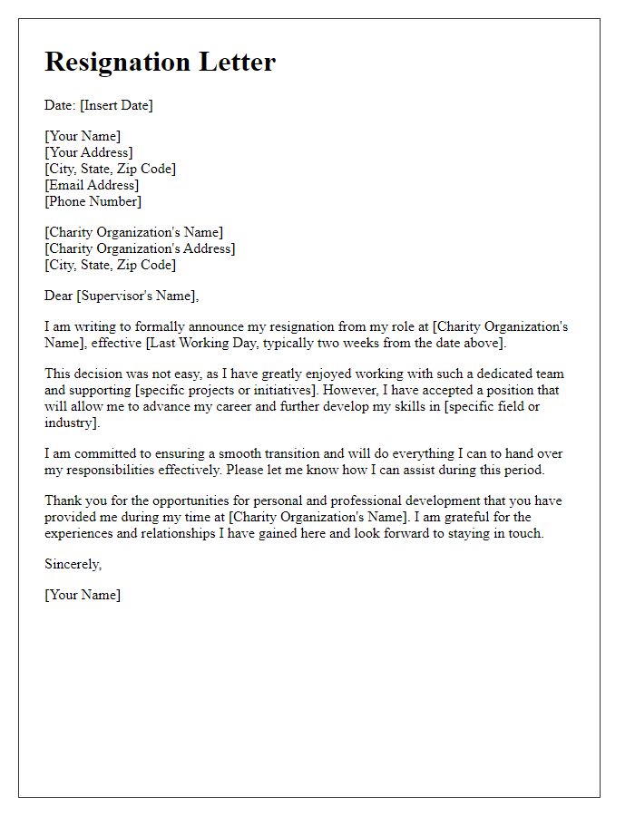 Letter template of resignation from charity role for career advancement