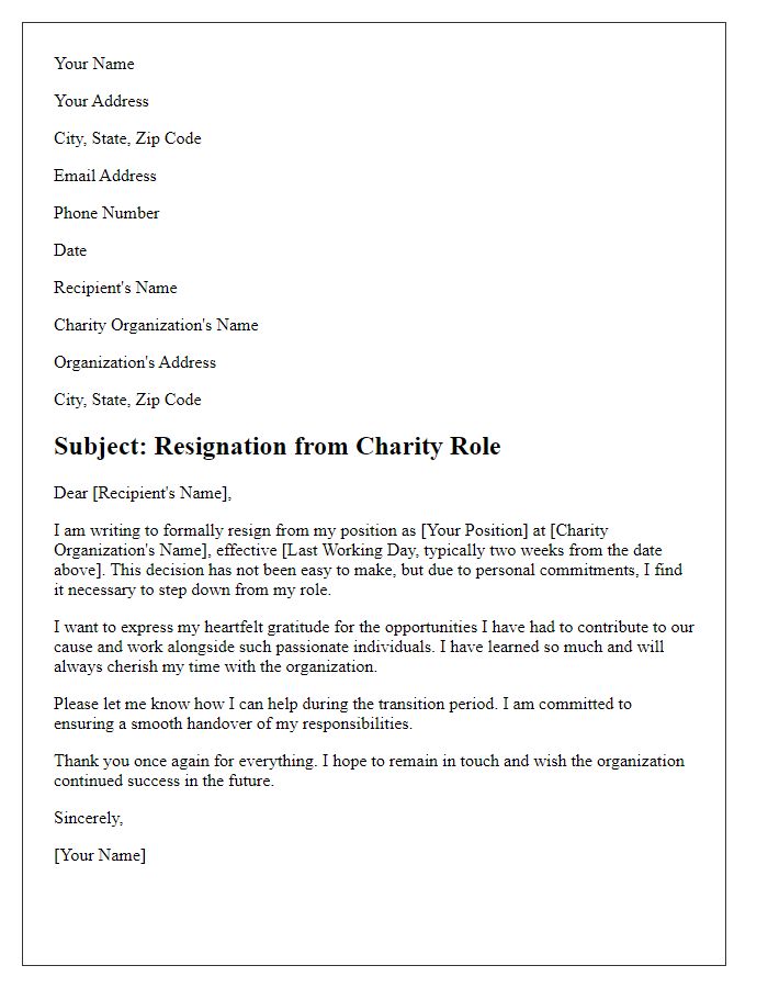 Letter template of resignation from charity role due to personal commitments