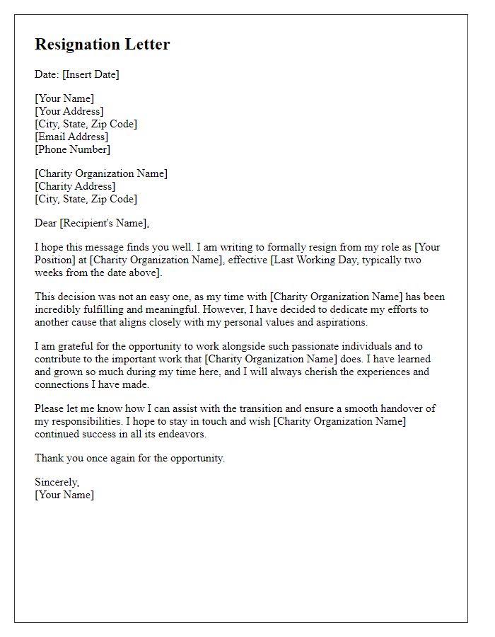 Letter template of resignation from charity role to support another cause