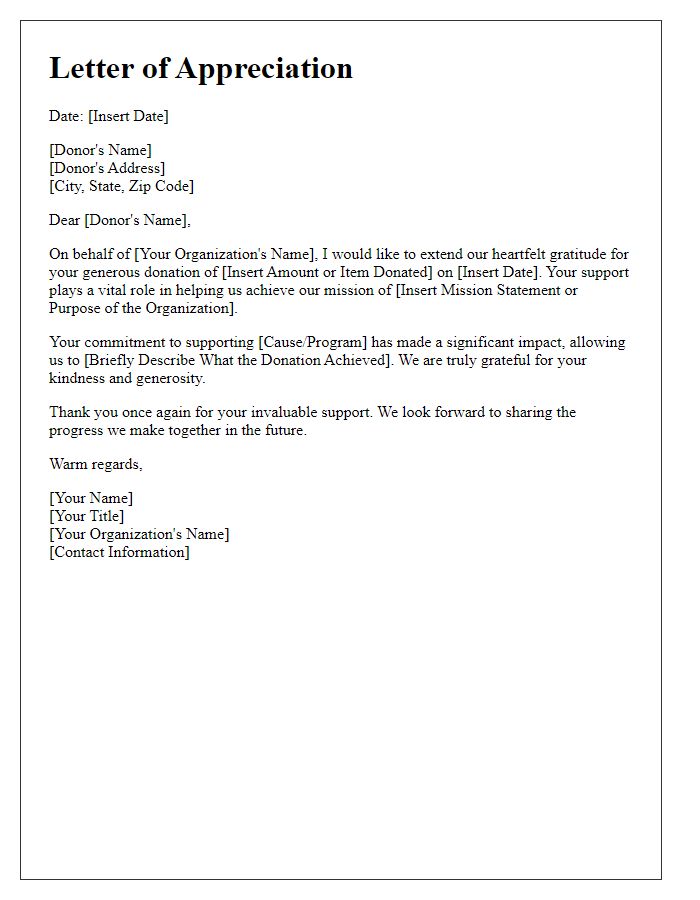 Letter template of appreciation for charity donor acknowledgment