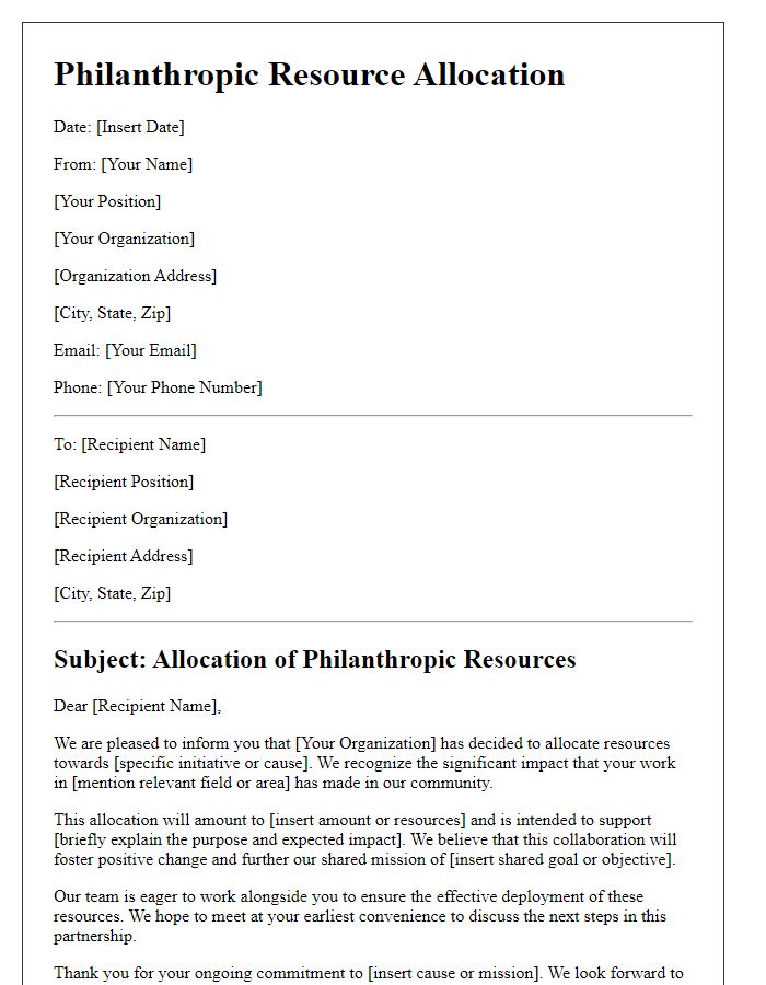 Letter template of philanthropic resource allocation