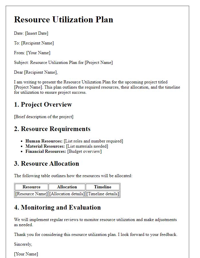 Letter template of resource utilization plan