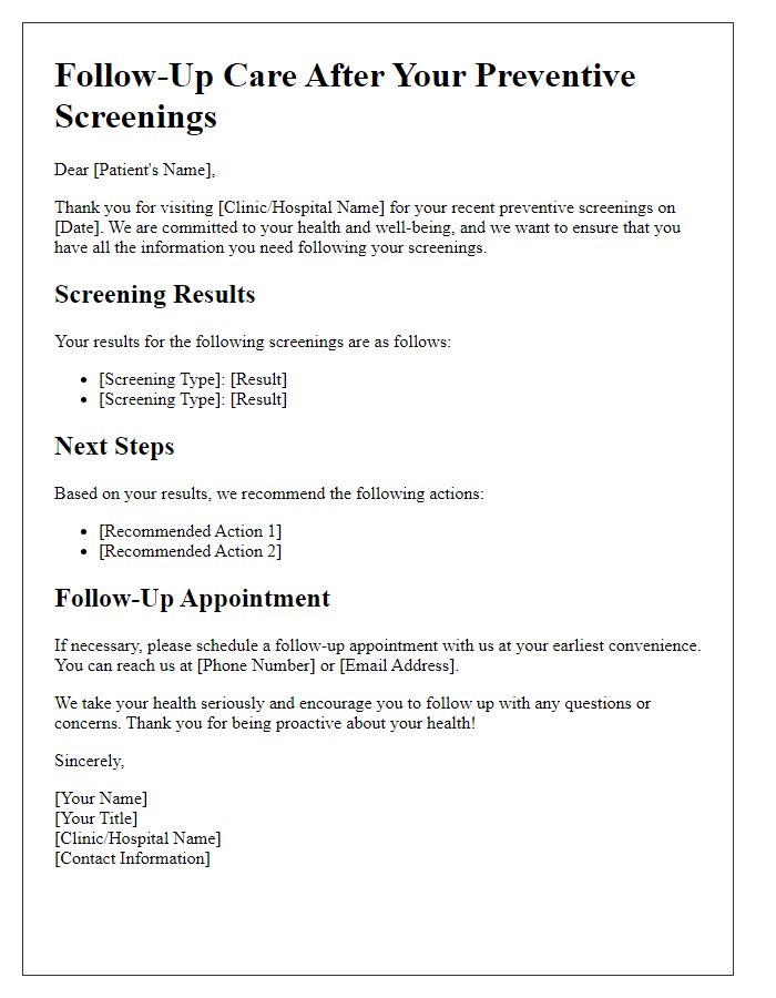 Letter template of follow-up care after preventive screenings.