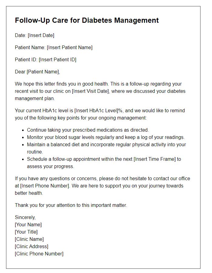 Letter template of follow-up care for diabetes management.