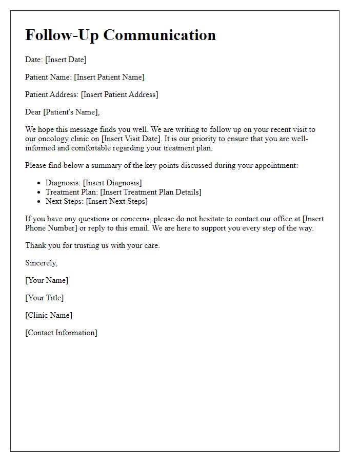 Letter template of follow-up communication for oncology patients.