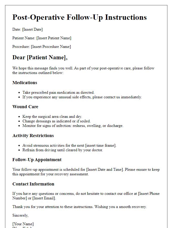 Letter template of post-operative follow-up instructions.