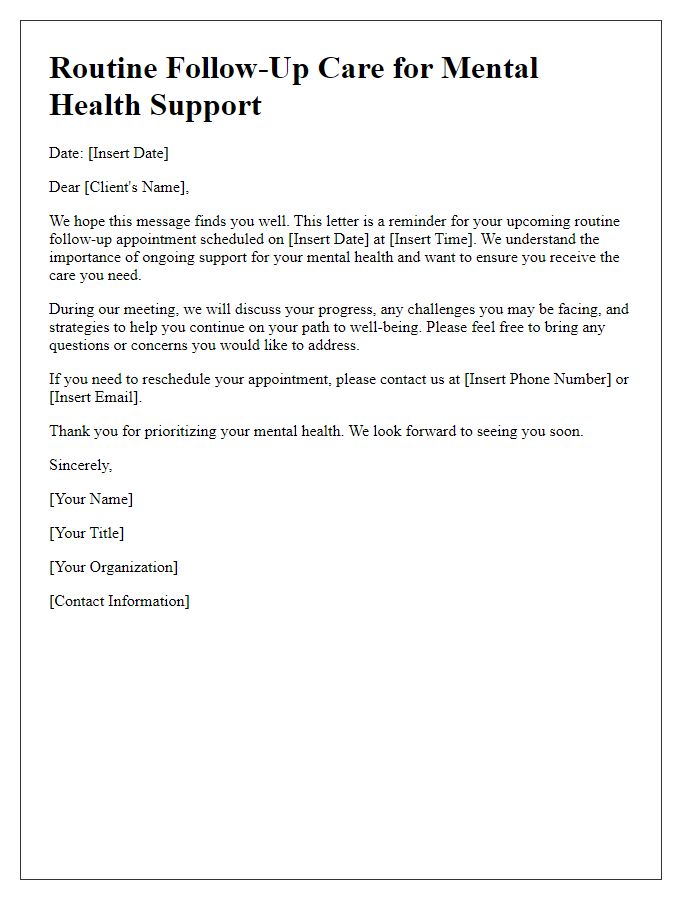 Letter template of routine follow-up care for mental health support.