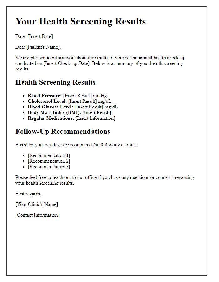 Letter template of health screening results for annual health check-ups.