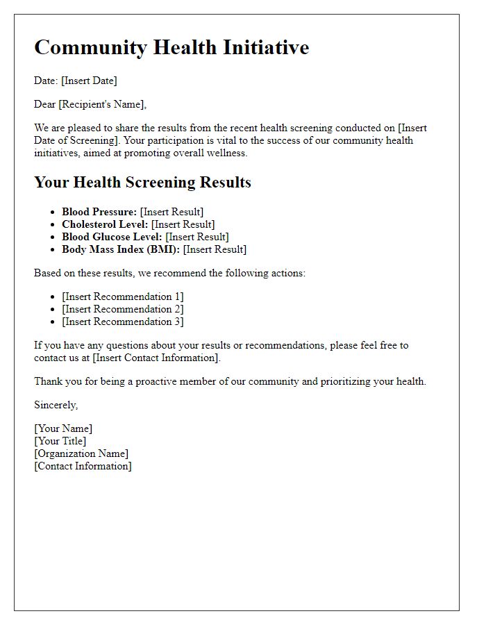 Letter template of health screening results for community health initiatives.