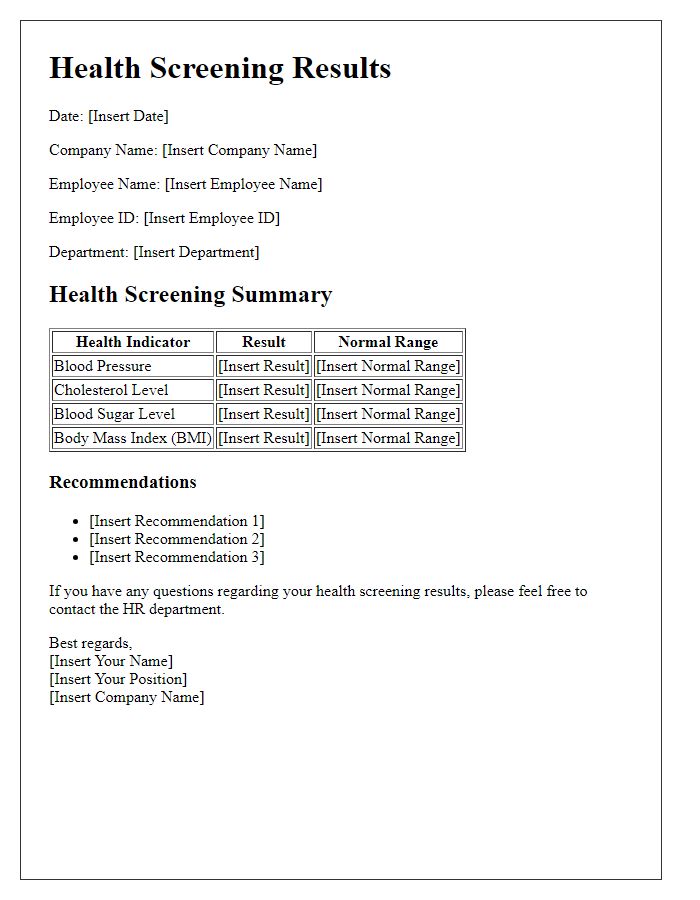 Letter template of health screening results for corporate wellness programs.