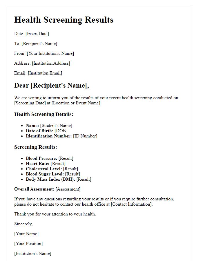 Letter template of health screening results for educational institutions.