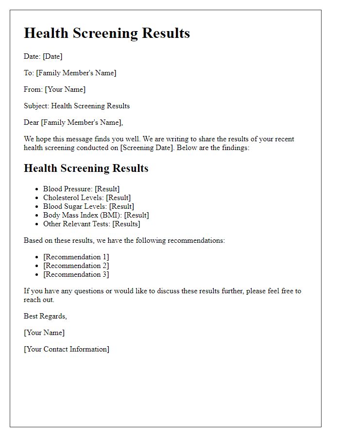 Letter template of health screening results for family members.