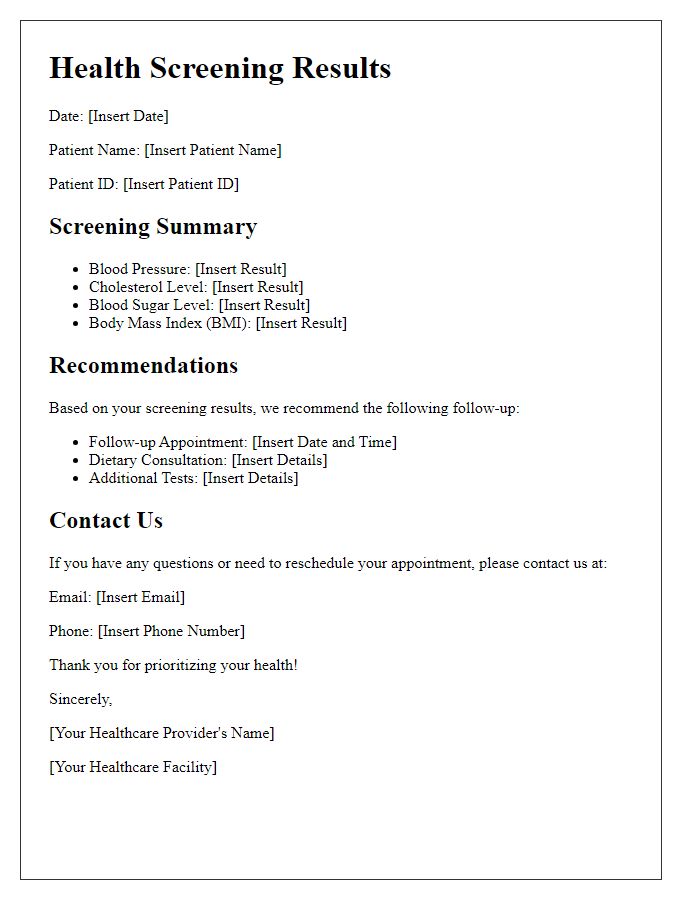 Letter template of health screening results for follow-up appointments.