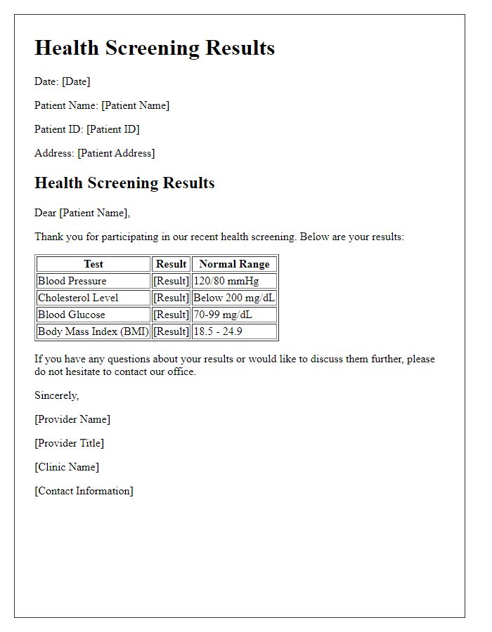 Letter template of health screening results for individual patients.