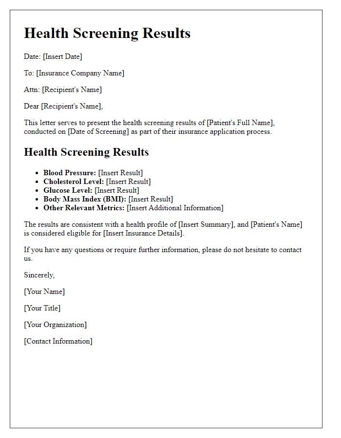 Letter template of health screening results for insurance purposes.