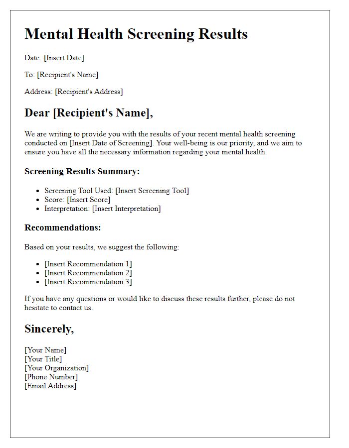 Letter template of health screening results for mental health assessments.