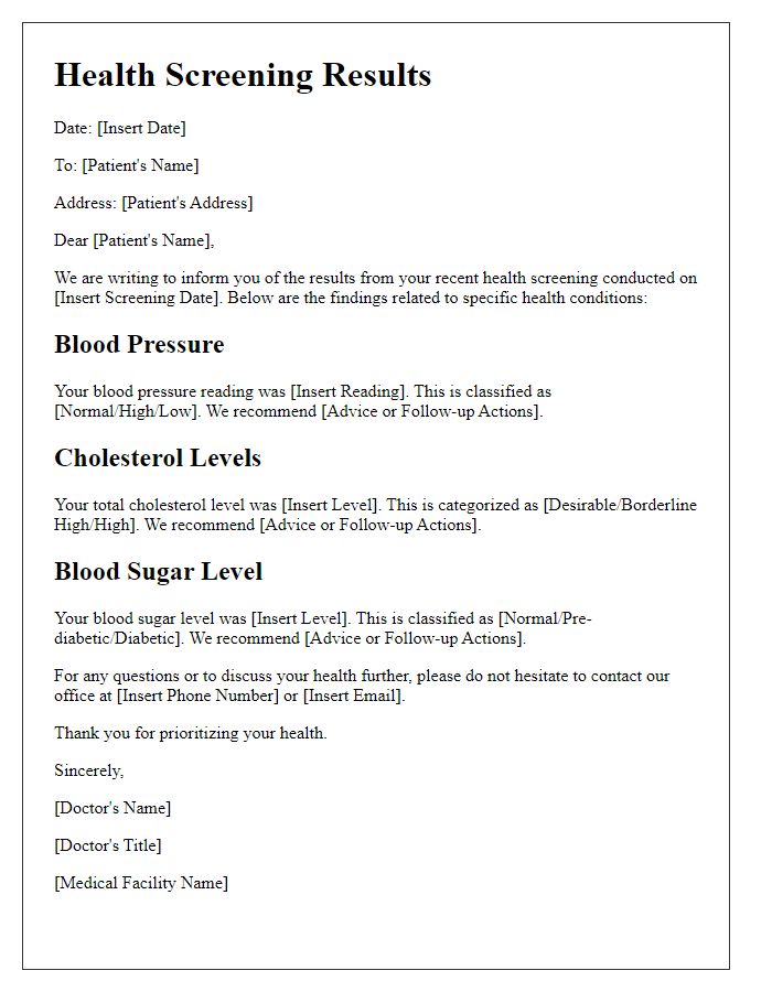 Letter template of health screening results for specific health conditions.