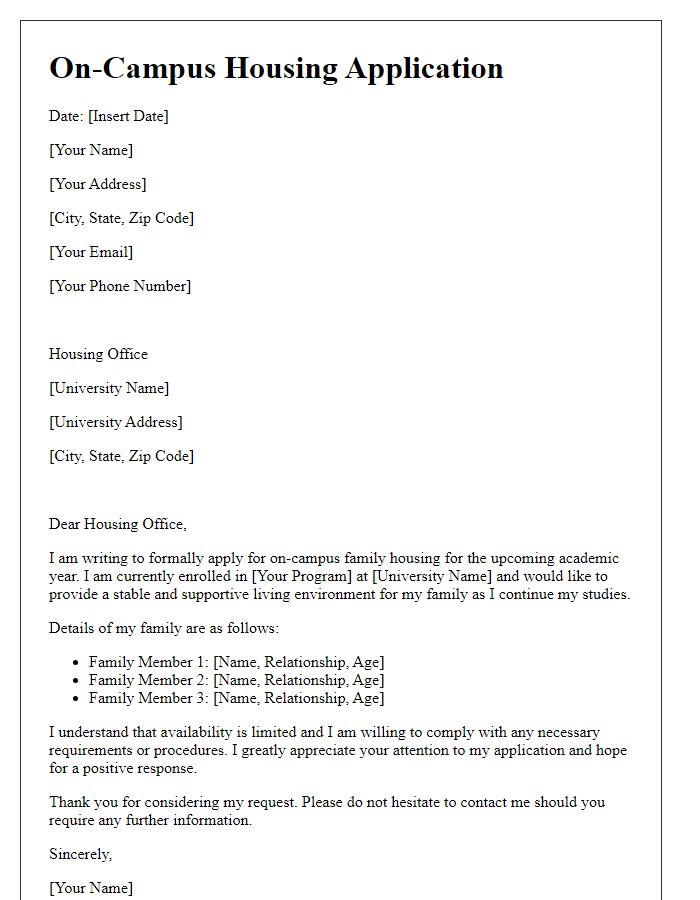 Letter template of on-campus housing application for family housing