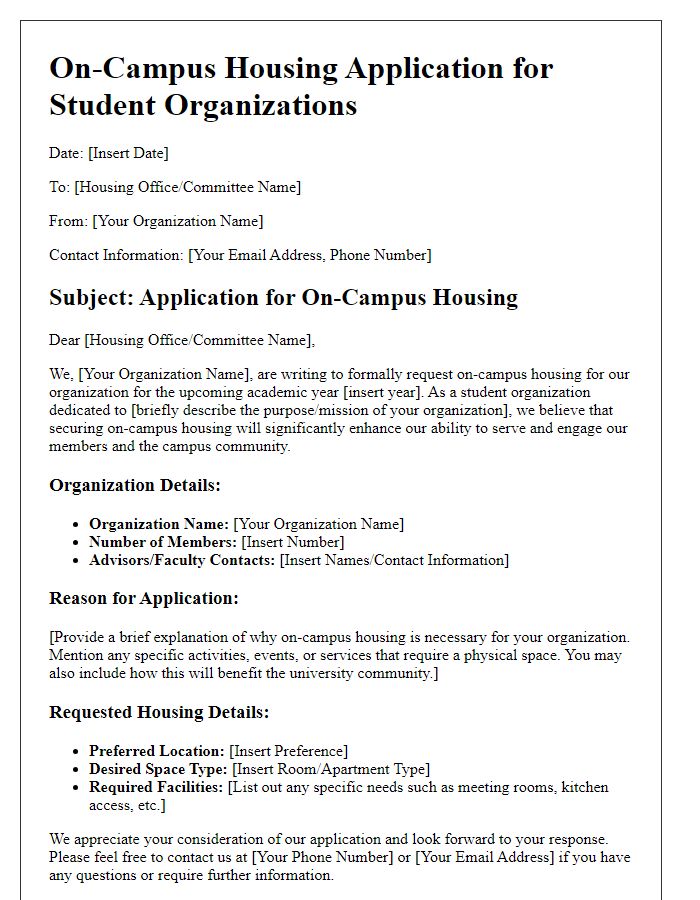 Letter template of on-campus housing application for student organizations