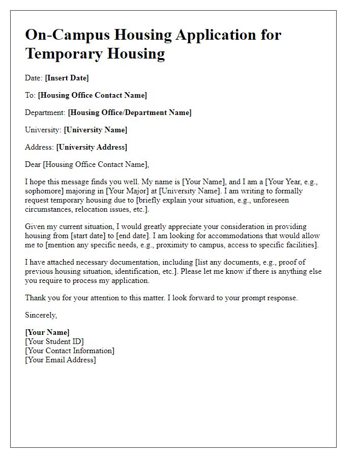 Letter template of on-campus housing application for temporary housing situations