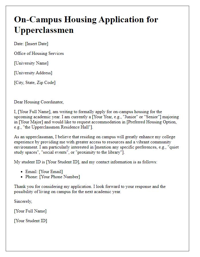 Letter template of on-campus housing application for upperclassmen