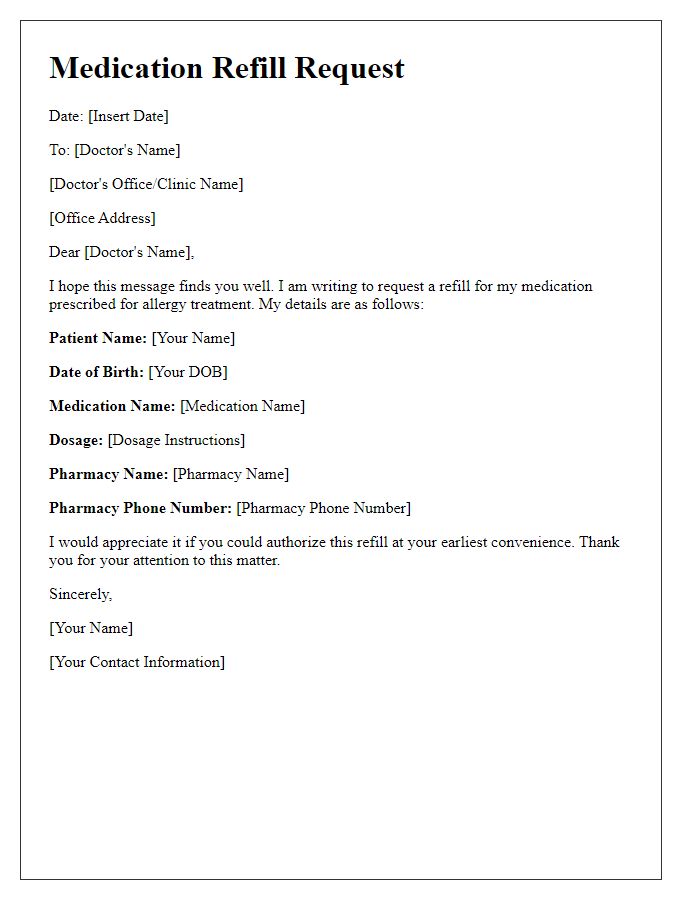 Letter template of medication refill request for allergy treatment