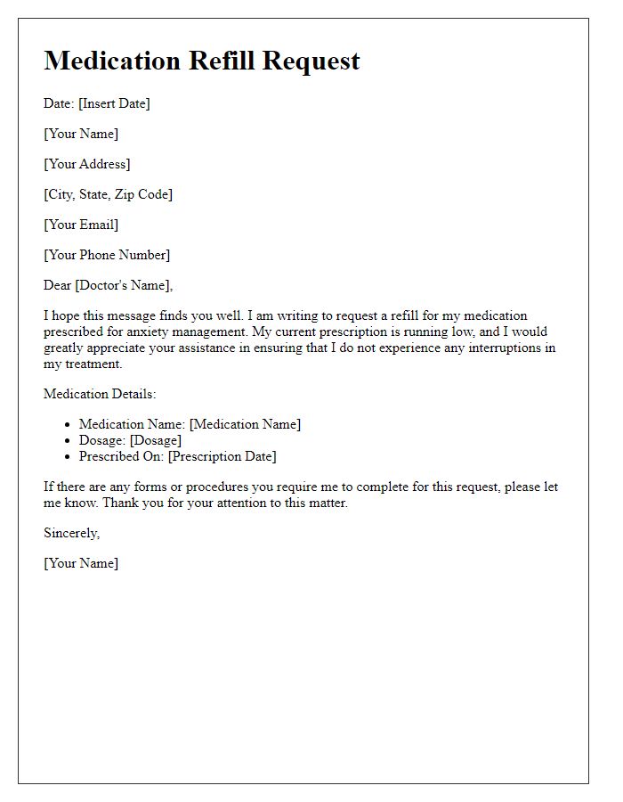 Letter template of medication refill request for anxiety management