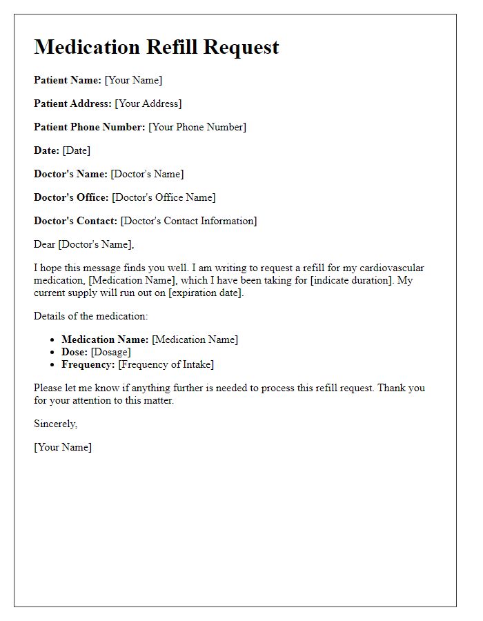 Letter template of medication refill request for cardiovascular medication