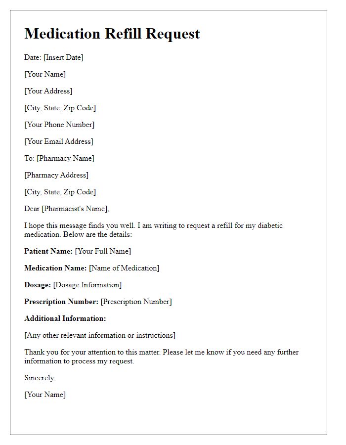 Letter template of medication refill request for diabetic medication