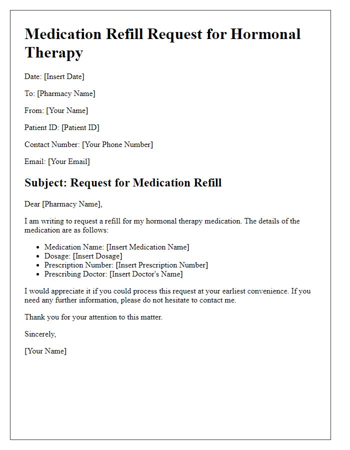 Letter template of medication refill request for hormonal therapy