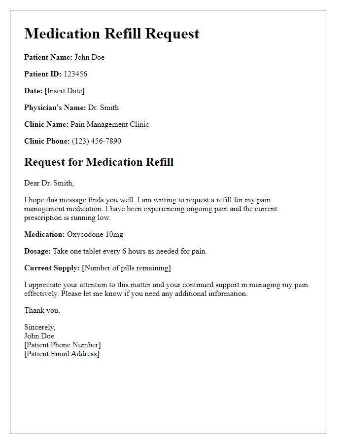 Letter template of medication refill request for pain management