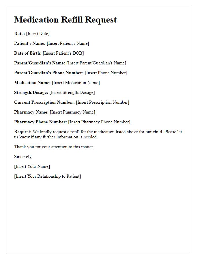 Letter template of medication refill request for pediatric patients